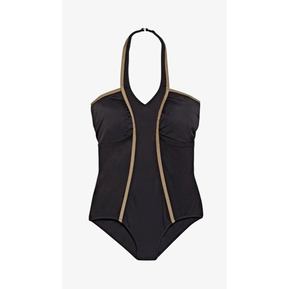 Swimsuits For All One Piece Halter Built-In Bra Black Gold Trim Size 18 NWT